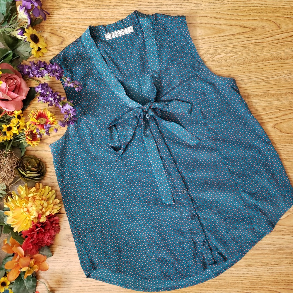 Chloe K Teal Orange Polka Dot Bow Tie Neck Top